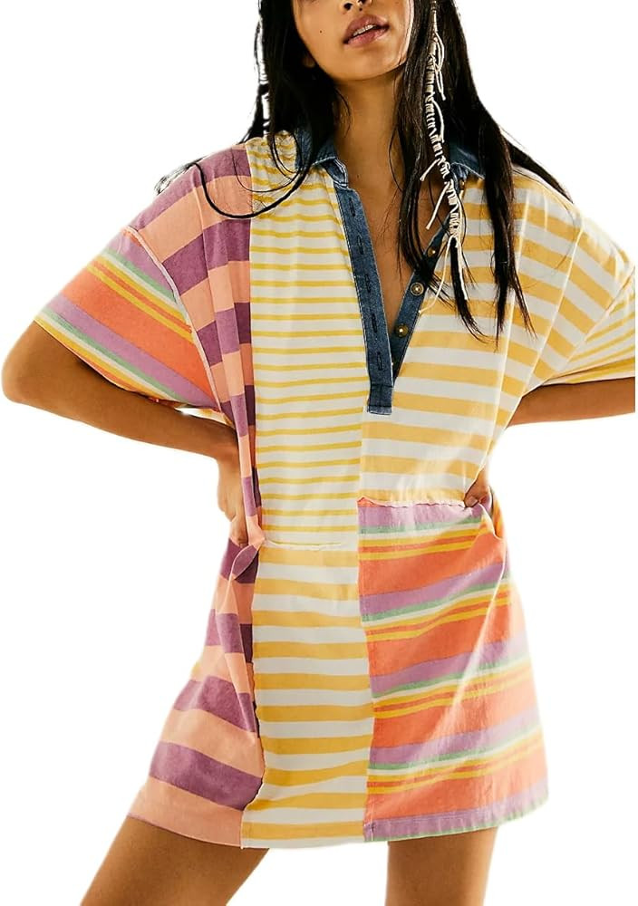 Women Contrast Striped Babydoll Dress Y2k Summer Patchwork Mini T- Shirt Dress Vintage V Neck Sho... | Amazon (US)