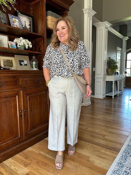 Stretch linen pants size 12. They’re great for the office or weekend. 

Blouse size large. 

25% off code APR25

NYDJ work outfit office teacher linen parts spring summer outfit 

#LTKover40 #LTKsalealert #LTKmidsize