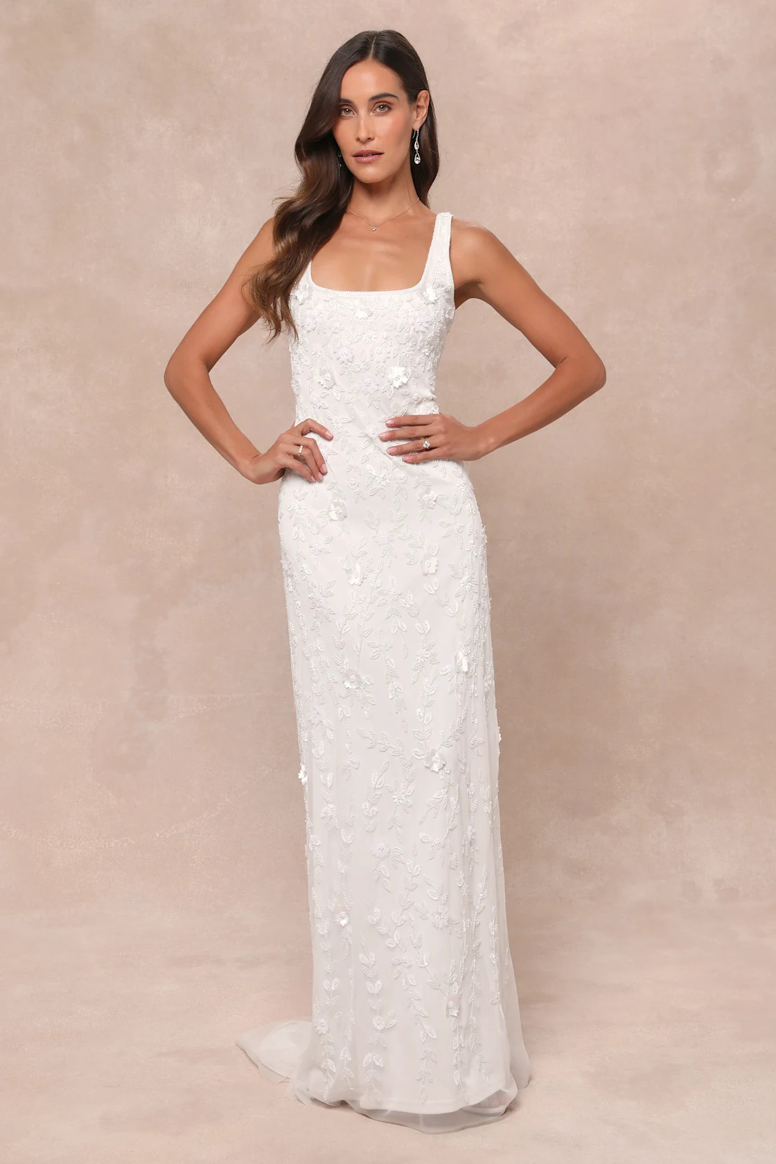 Extraordinary Glamour White 3D Floral Beaded Backless Maxi Dress | Lulus
