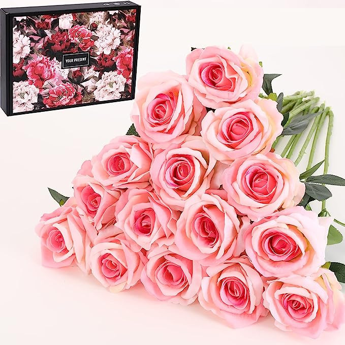 Cloudecor 15Pcs Artificial Roses Velet Real Touch Single Stem Fake Roses Silk Realistic Bouquet F... | Amazon (US)