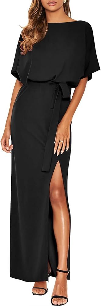 ANRABESS Women's Batwing Sleeve Tie Waist Long Dresses Formal Party Wedding Guest Side Split Maxi... | Amazon (US)