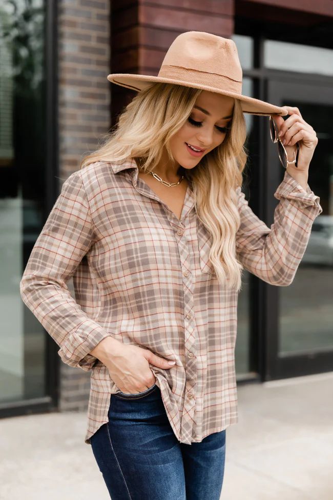 Start The Day Right Beige Plaid Flannel Blouse | The Pink Lily Boutique