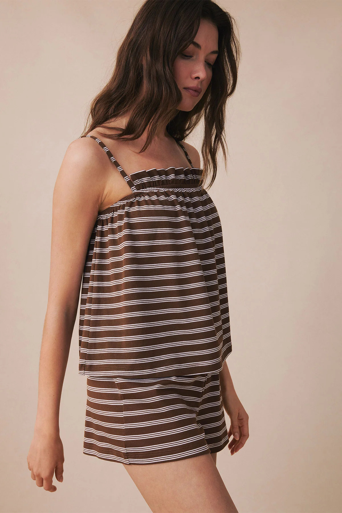 Pima Ruffle Shorts Set in Cocoa Triple Stripe | Lake Pajamas