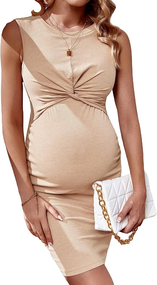 Verdusa Women's Maternity Twist Front Sleeveless Bodycon Tank Pencil Dress | Amazon (US)