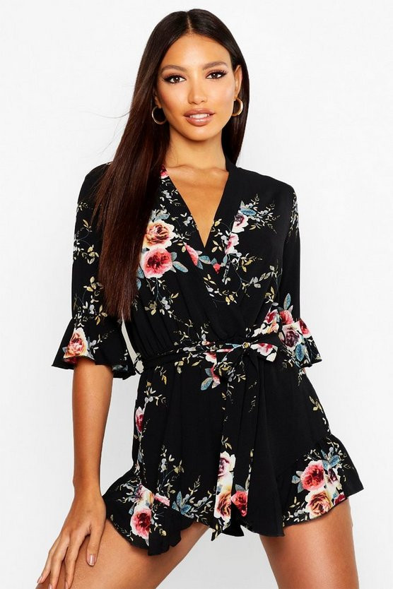 Dell Wrap Floral Ruffle Hem Playsuit | Boohoo.com (US & CA)