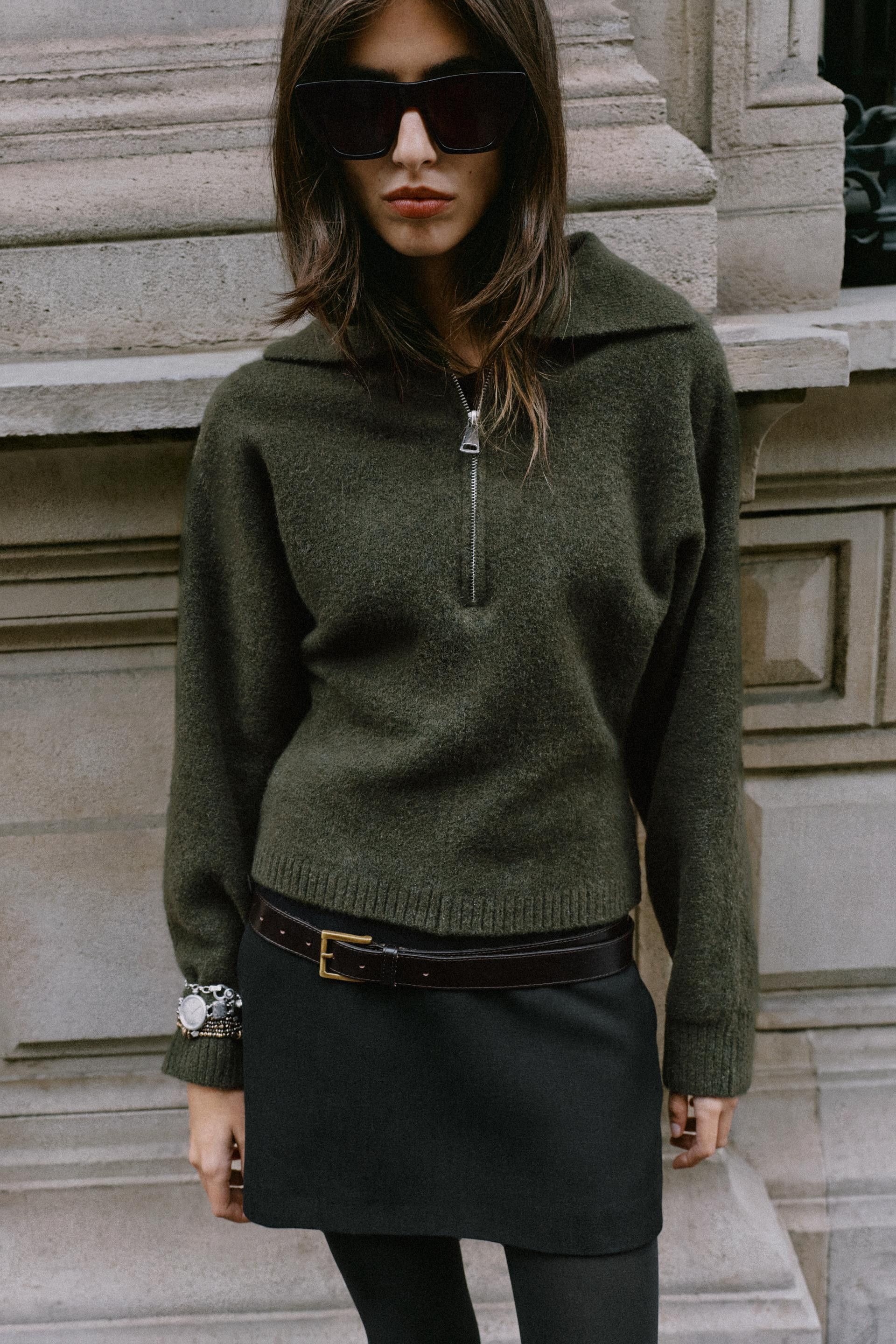 Zara - Soft Knit Zip-Up Sweater - Dark Khaki - S - Woman | Zara US