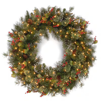 National Tree Company 30-in Flocked Pre-lit Indoor/Outdoor Green Pine Artificial Christmas Wreath | Lowe's
