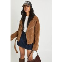 boohoo Women's Vintage Suede Look Oversized Biker Jacket in Tan | Size: 14 | Boohoo.com (UK & IE)