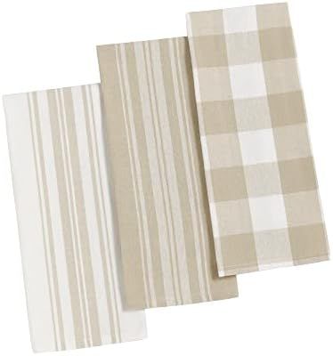 Elrene Home Fashions Farmhouse Living Stripe and Check Kitchen Towels, Set of 3, 17" x 28", Tan/Whit | Amazon (US)