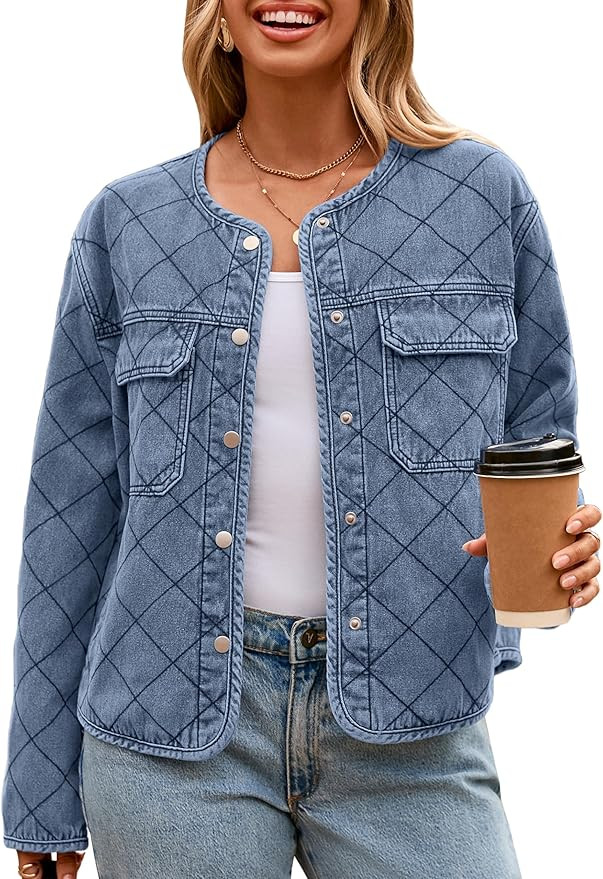 Glamaker Jean Jacket Women Denim Long Sleeve Button Down Diamond Quilted Lightweight Jackets Fall... | Amazon (US)