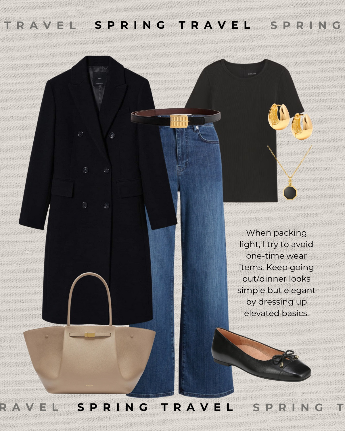 Spring travel outfit 

Black tailored coat / black ribbed top / dark blue wide leg jeans / elevated jeans / black ballet flats / beige leather tote bag / Demellier / belt / spring travel style 

#LTKTravel #LTKSeasonal #LTKStyleTip