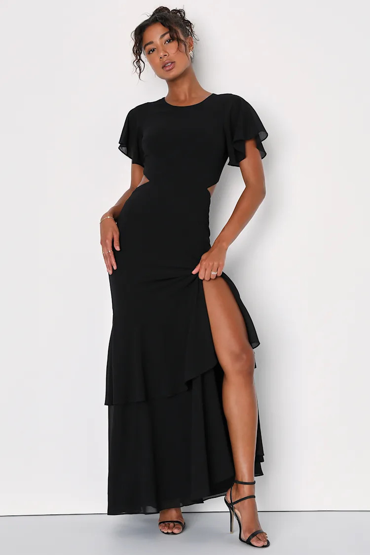 Celebrate Charm Black Tiered Cutout Maxi Dress | Lulus