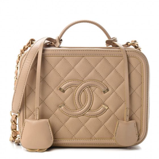 CHANEL Caviar Quilted Medium CC Filigree Vanity Case Beige | Fashionphile