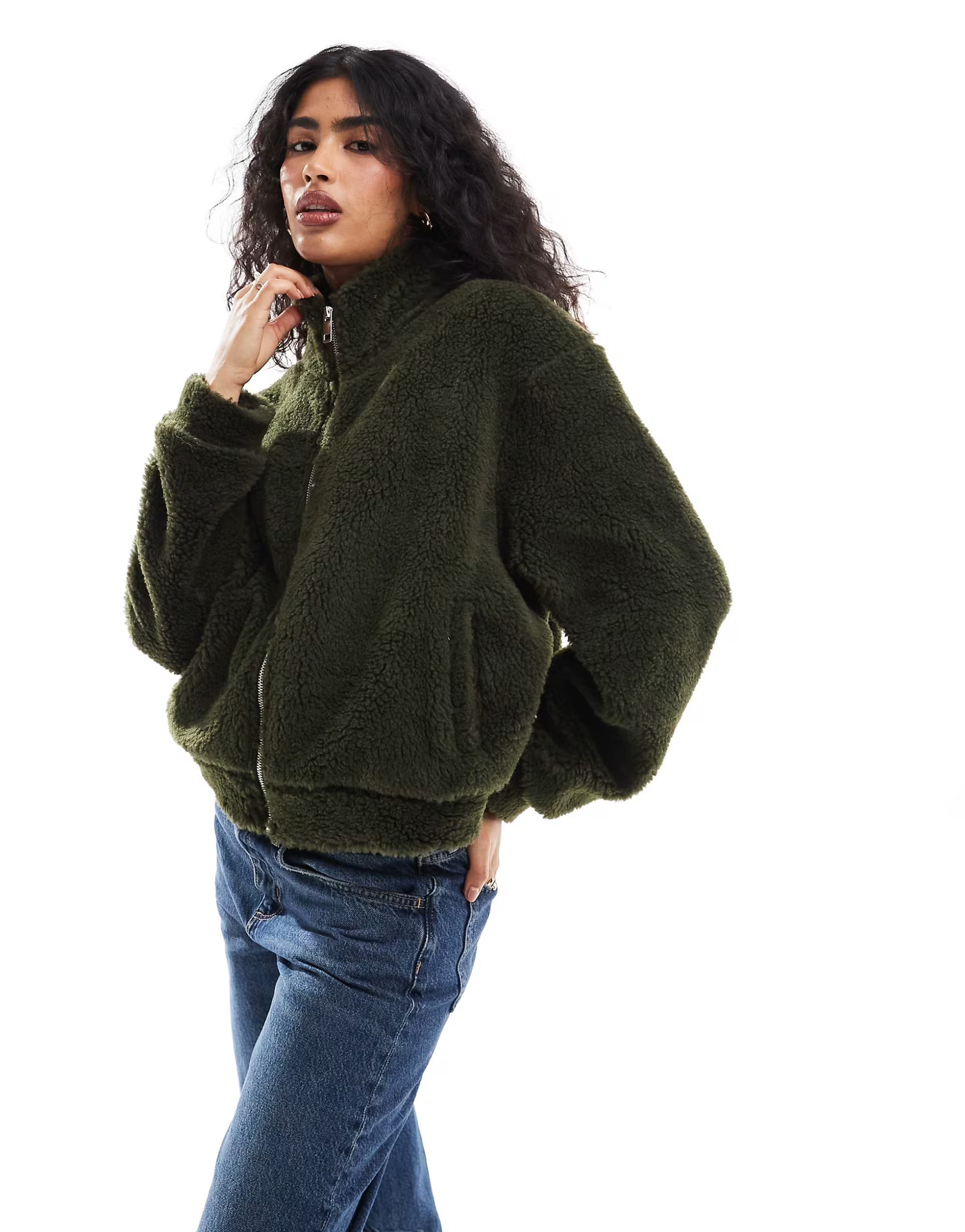 ASOS DESIGN borg funnel neck bomber jacket in olive green | ASOS (Global)