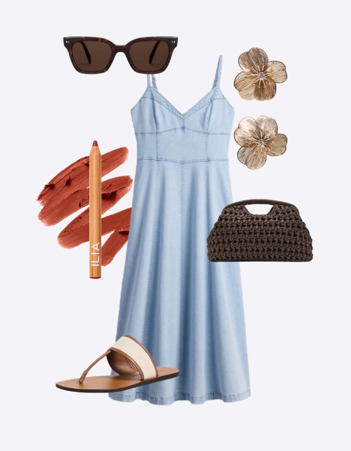 Denim Dress + Woven Handbag // summer outfit // summer outfit idea // elevated casual outfits // casual classy outfits // summer style inspo // dressy outfit 

#LTKootd