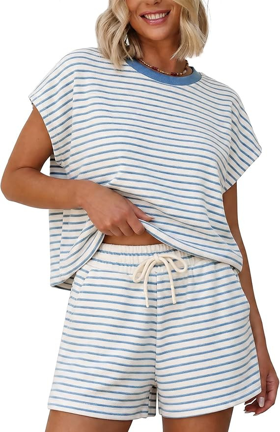 Sweetmoon 2 Piece Short Sets for Women Summer Outfits, Short Sleeve Matching Sets Lounge Shorts f... | Amazon (US)