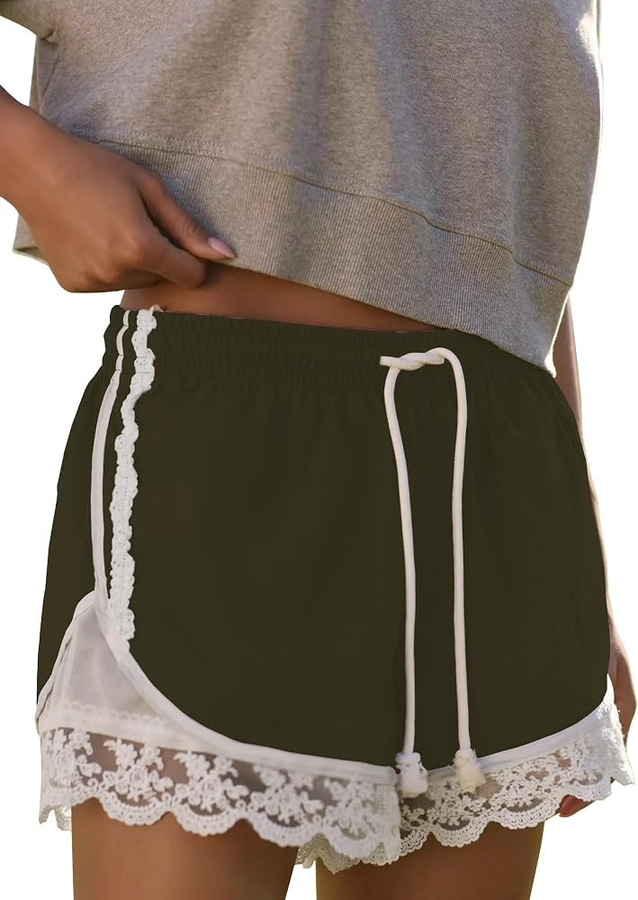 Womens Lace Trim Drawstring Shorts Casual Elasticated Summer Y2K Beach Bottoms Athletic Shorts | Amazon (US)