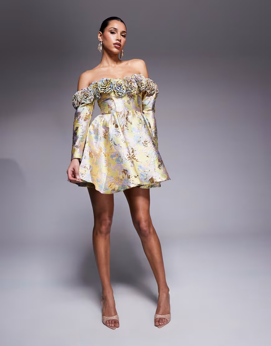 ASOS LUXE jacquard off shoulder 3D floral skater mini dress in gold and pastel floral | ASOS (Global)