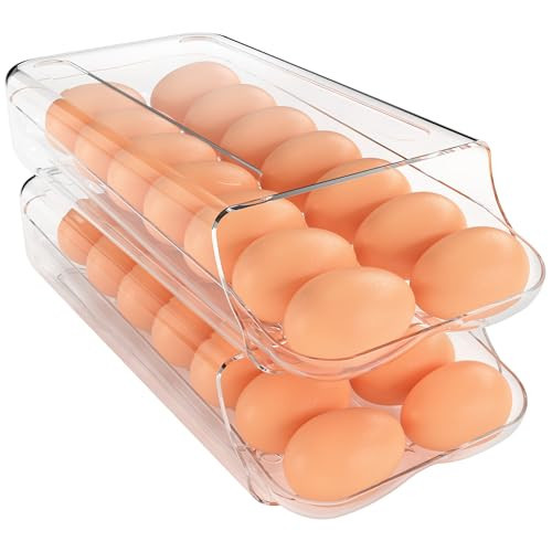 theaoo Egg Holder for Fridge, Automatic Rolling Egg Container for Refrigerator, Clear Plastic Egg Dispenser, Stackable Eggs Organizer with Quick Removable inner Tray For Organizers and Storage, 2Pack | Amazon (US)