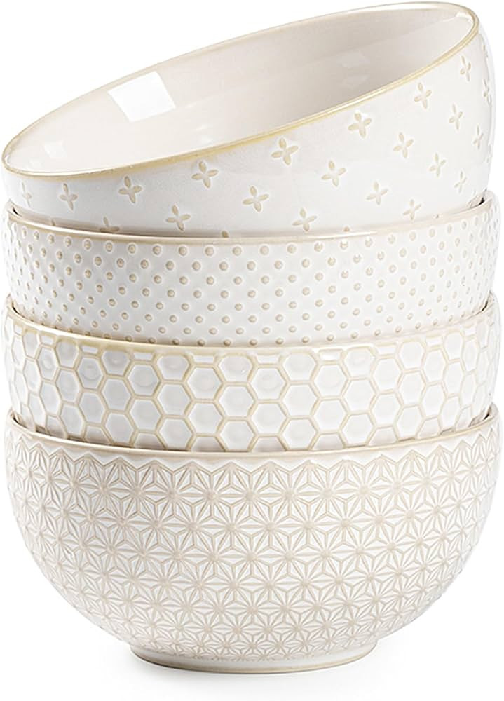 Ceramic Cereal Bowls 30 OZ, Soup Bowls Set of 4 for Kitchen, Stoneware Bowls with Embossment, Whi... | Amazon (US)
