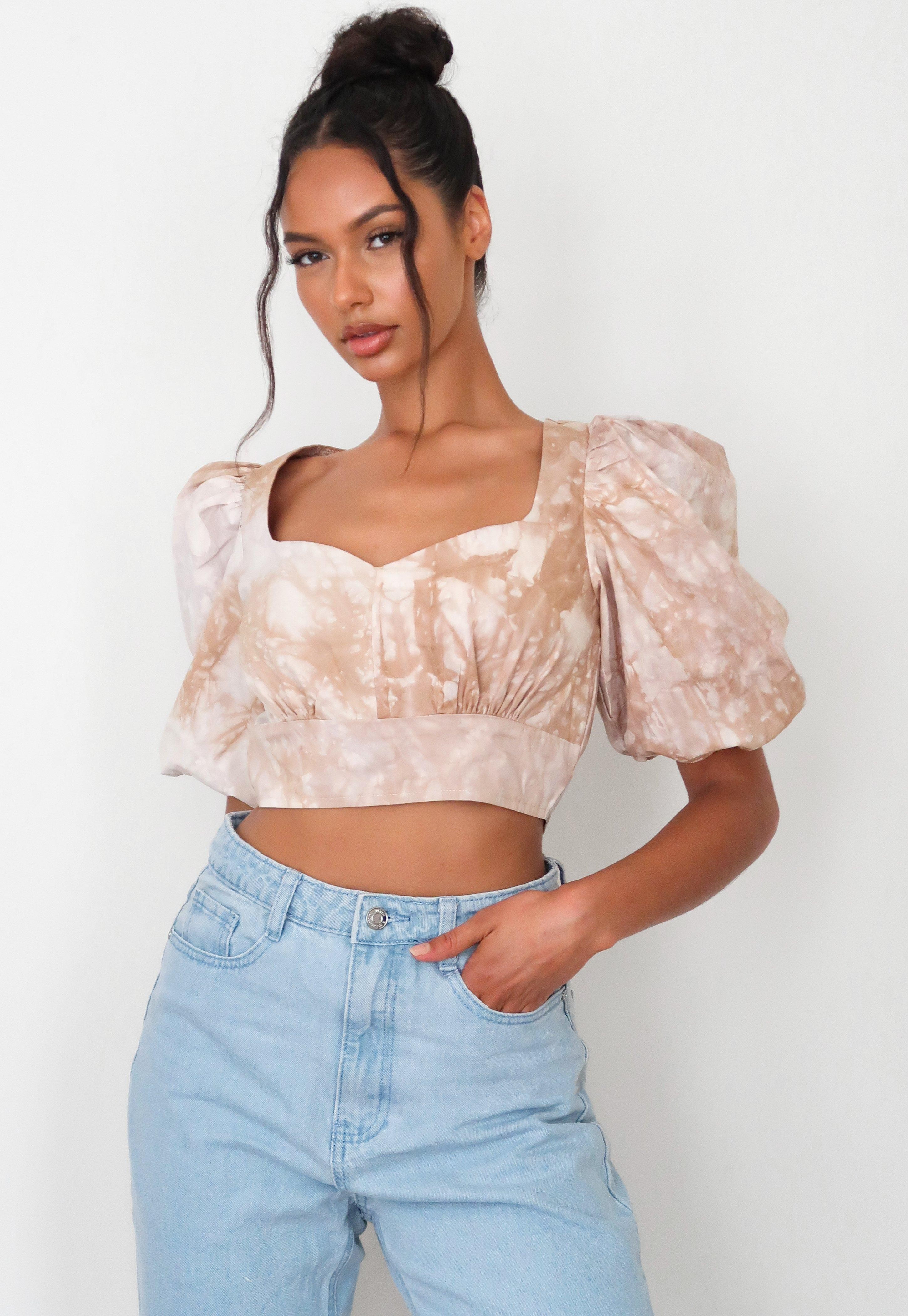 Stone Acid Wash Puff Sleeve Milkmaid Crop Top | Missguided (US & CA)