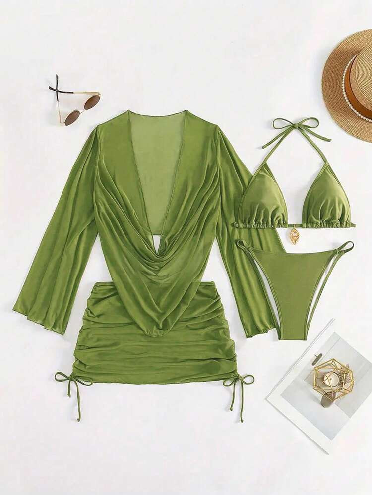 4pcs Sexy Solid Color Bikini Set With Sheer Cover-Up, Suitable For Vacation, Beach Party, Also Ideal For New Year And Valentine's Day, Exuding Elegance And Avant-Garde, Perfect Choice For Casual Women In Spring/Summer | SHEIN