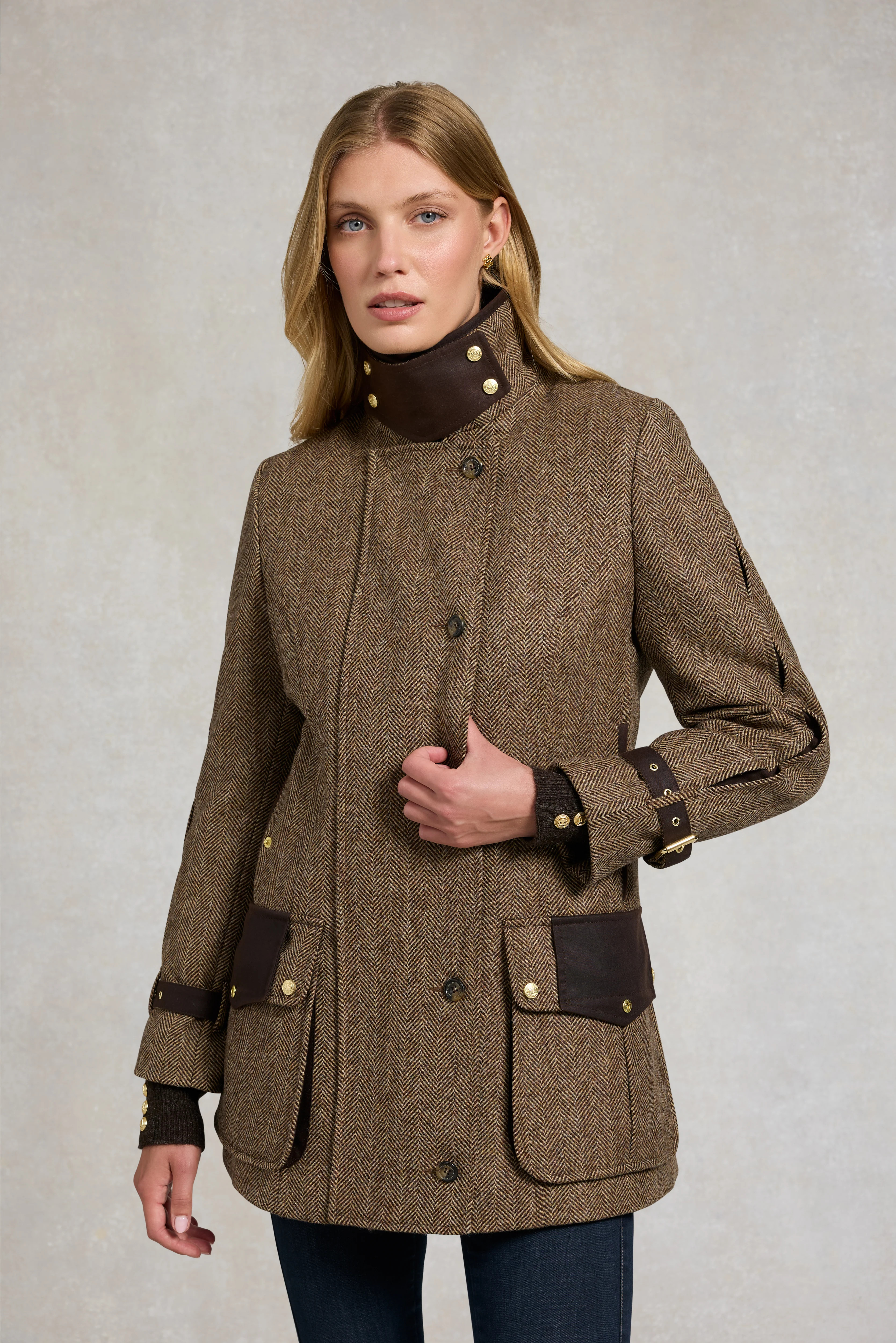 Balmoral Field Coat (Large Scale Brown Herringbone) | Holland Cooper