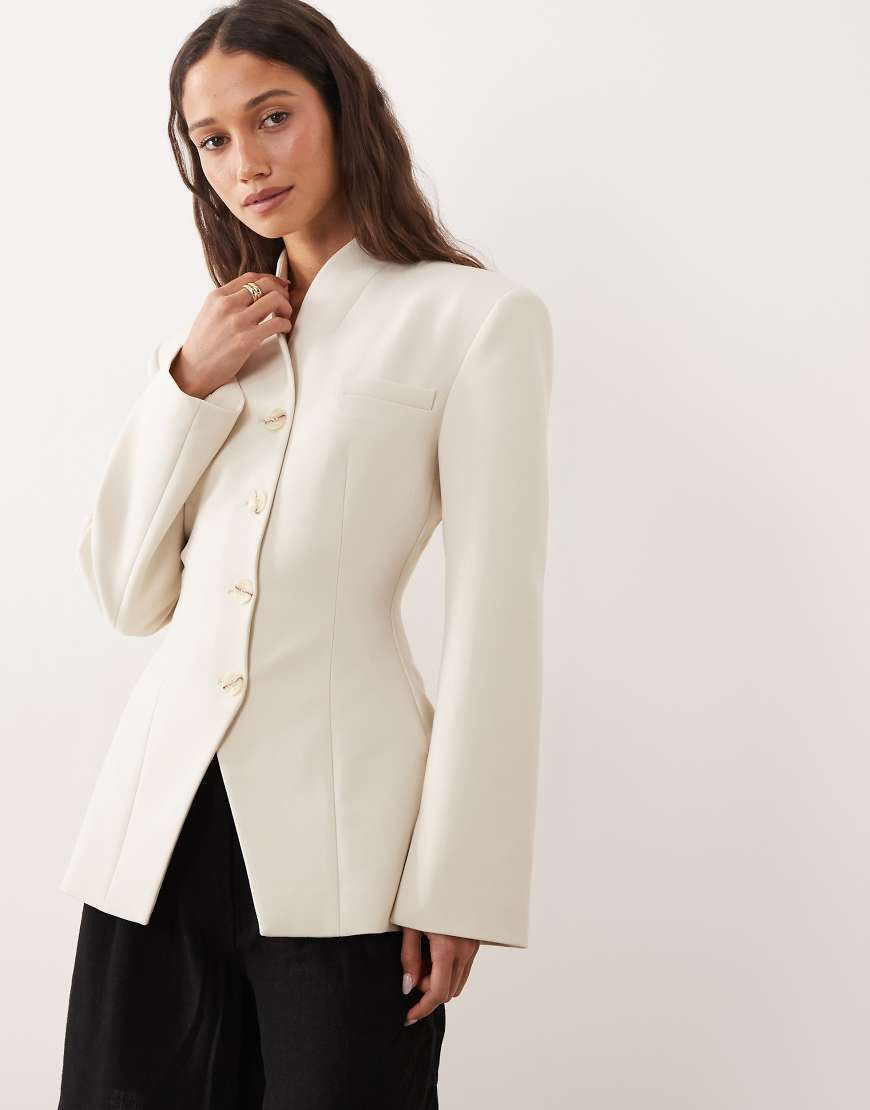 Miss Selfridge collarless blazer in ivory-White | ASOS (Global)