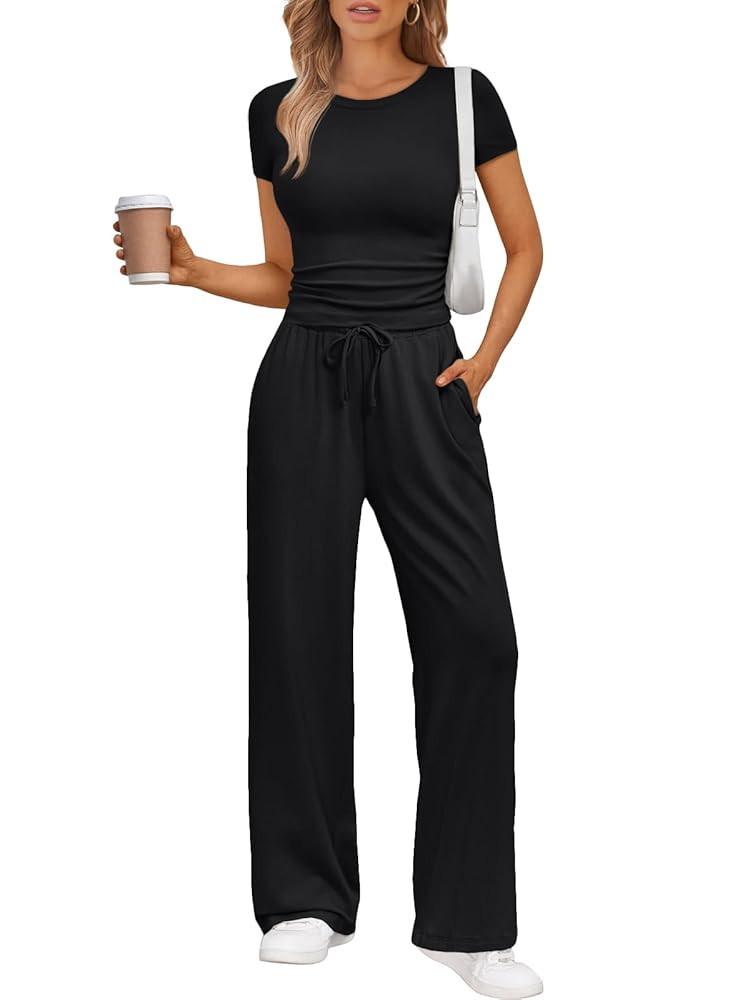Trendy Queen 2 Piece Matching Summer Sweatsuit Lounge Set Womens Wide Leg Pants Side Ruching Crop... | Amazon (US)