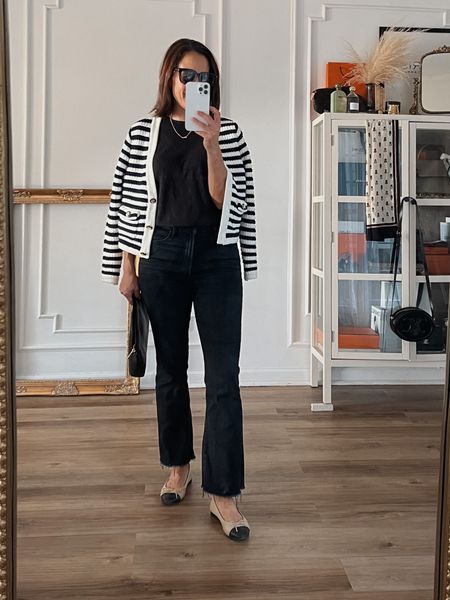 Transition Outfit
Bash Paris Cardigan, wearing a small or size 1. 
Mother Denim runs True to size
ATM Black Tee, wearing medium. Will link other options. 
Flats are Chanel but other options linked.
Black clutch is Cuyana size small. 