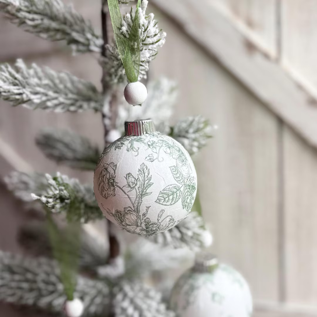 Sets of Green Toile Handmade Christmas Ornaments, White & Sage Christmas Tree Decor, Unique Decor... | Etsy (US)
