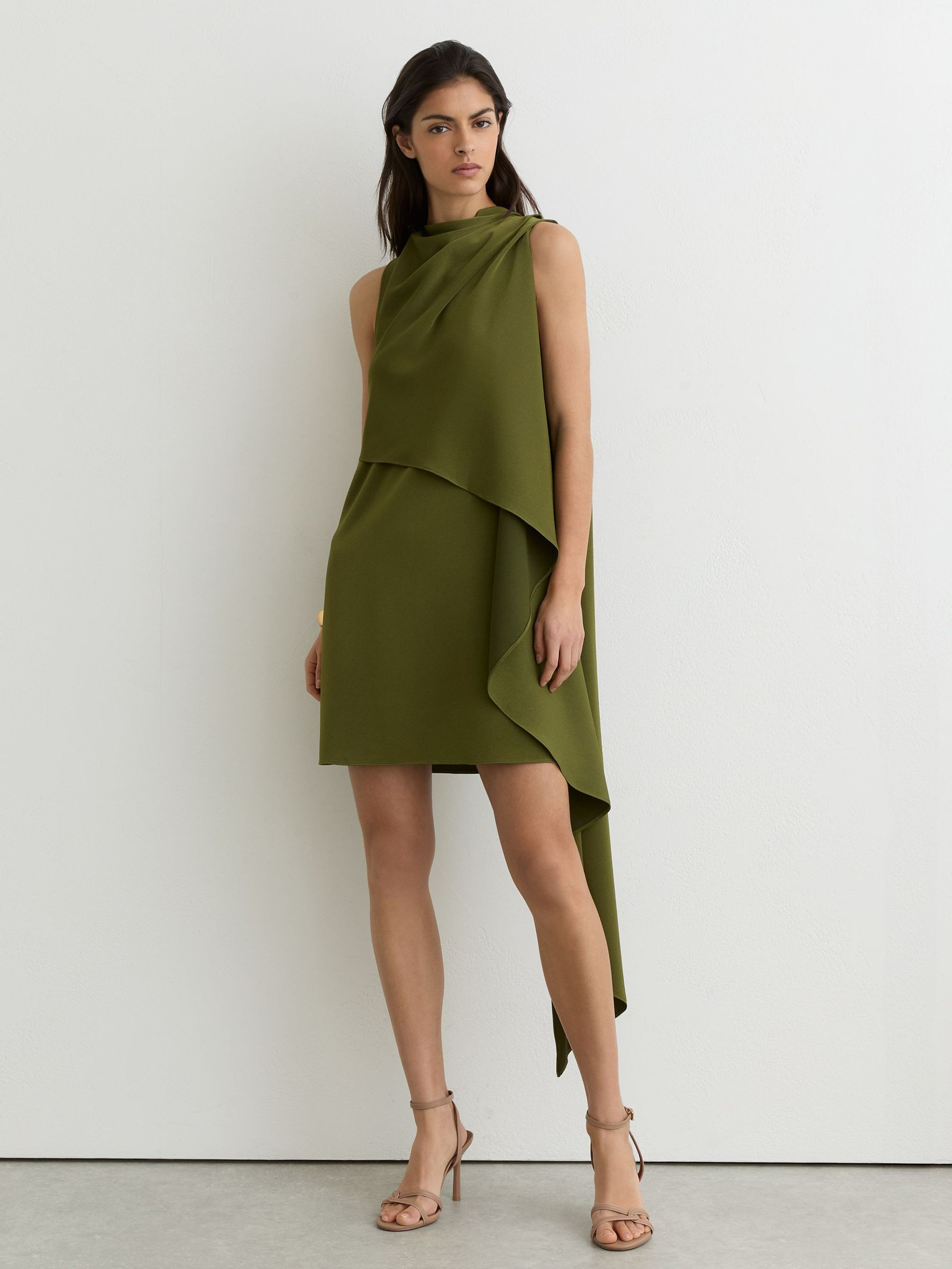 Drape-Detail Layered Mini Dress in Olive Green | Reiss UK