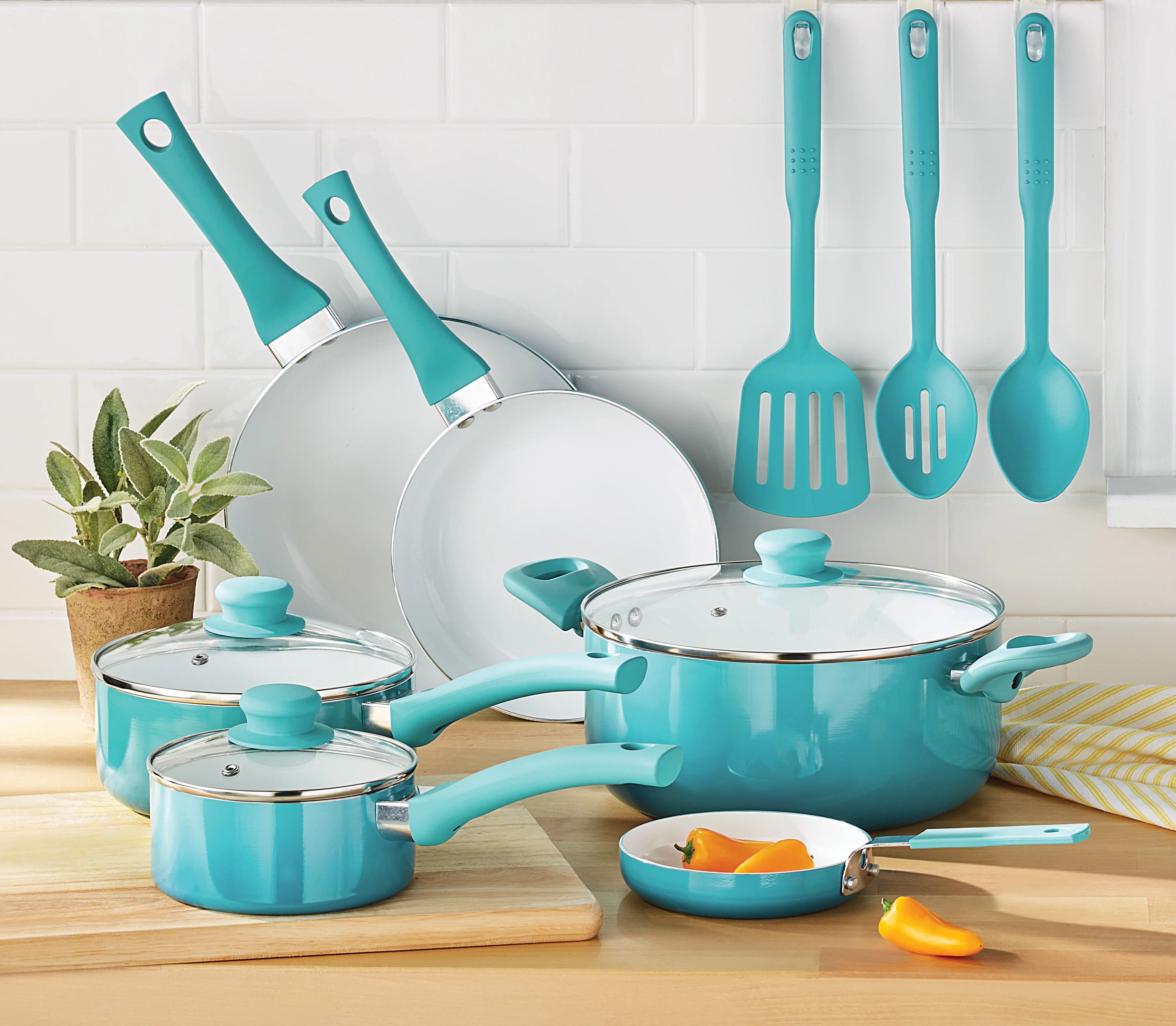 Mainstays Ceramic Nonstick 12 Piece Cookware Set, Teal Ombre | Walmart (US)