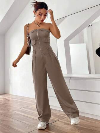 SHEIN EZwear Solid Colored Strapless Top And Long Pants Two-piece Set | SHEIN