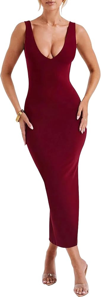 Women Summer Deep V Neck Backless Maxi Tank Dress Bodycon Sexy Sleeveless Elegant Cocktail Party ... | Amazon (US)