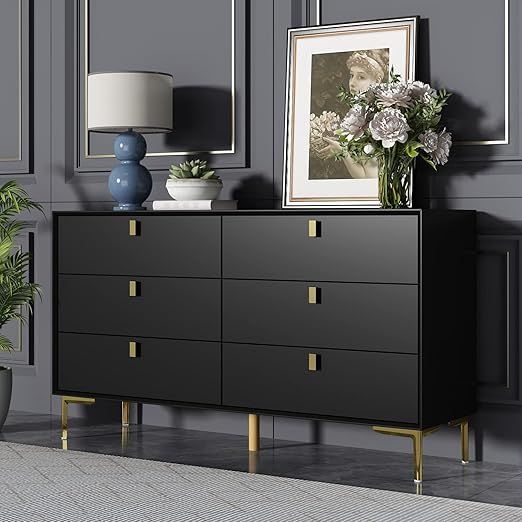 Hitow Black Dresser Cabinet with 6 Drawers, Modern 6 Drawer Double Dresser Chest with Gold Metal ... | Amazon (US)