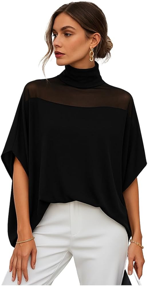 Flowy Tops for Women Casual Mesh Mock Neck Batwing Sleeve Shirts Loose Blouses | Amazon (US)