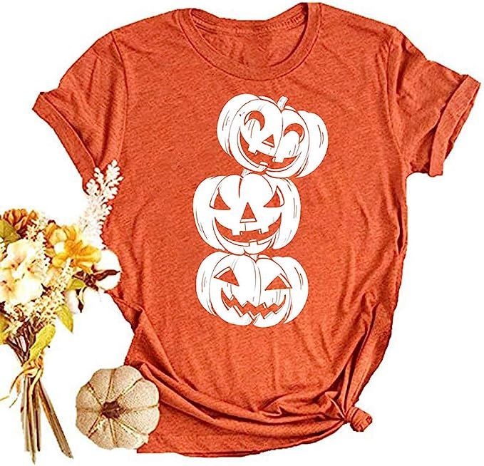 EIGIAGWNG Womens Fall Pumpkin T-Shirts Funny Short Sleeve Halloween Graphic Tees Tops | Amazon (US)