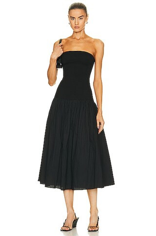 NICHOLAS Jaxon Drop Waist Broomstick Pleated Midi Dress in Black | FWRD 