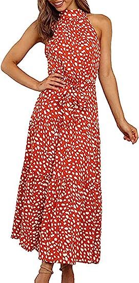 PRETTYGARDEN Women's Casual Halter Neck Sleeveless Floral Long Maxi Dress Backless Loose Ruffle S... | Amazon (US)