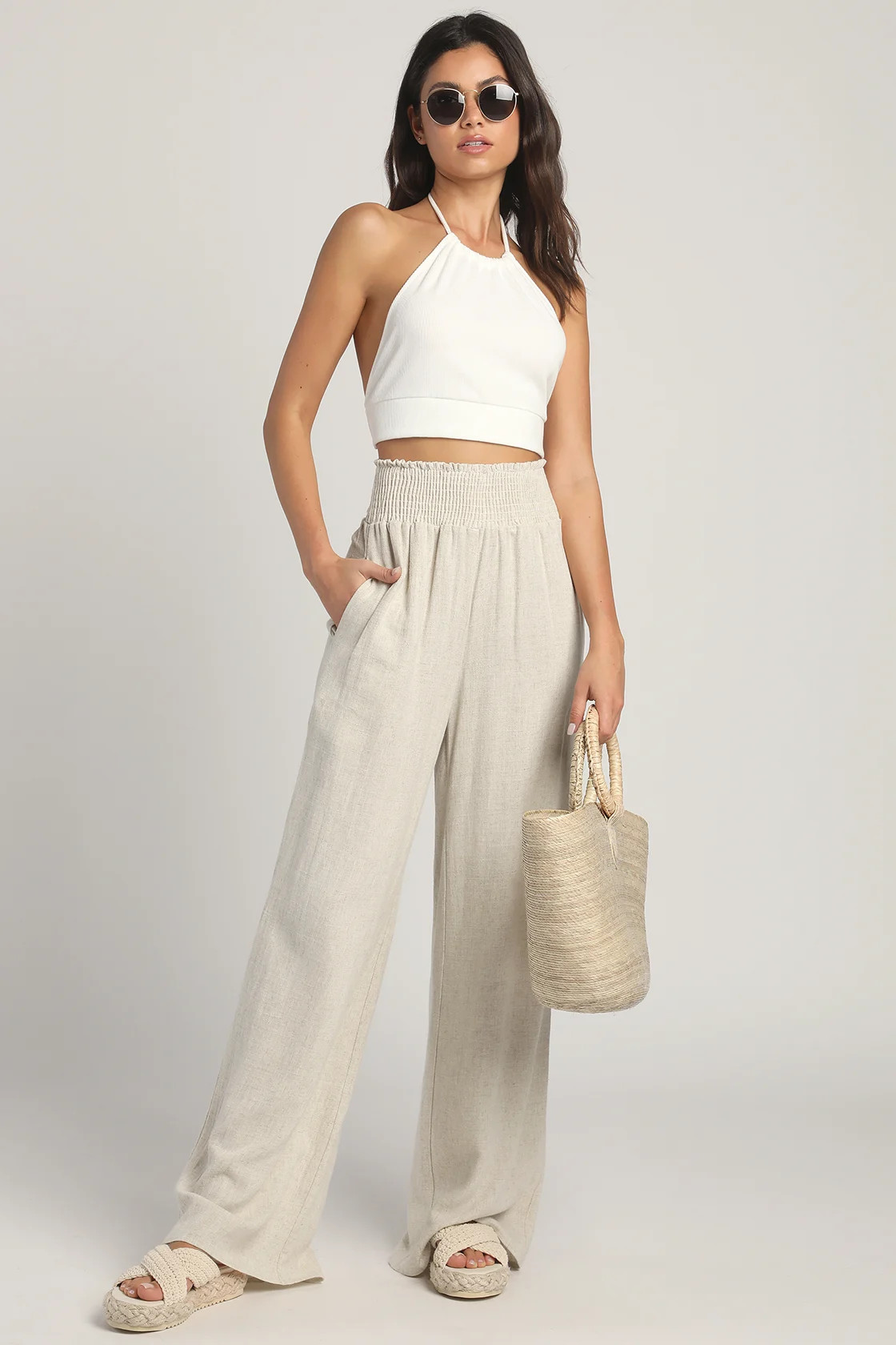 Hit the Breeze Beige Smocked Wide-Leg Pants | Lulus (US)