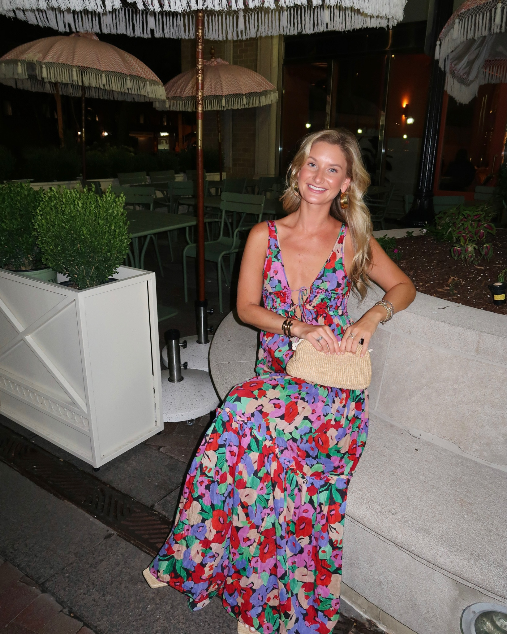 I LOVED this dress. I’ve rented this Nicholas dress in the shorter version and ended up buying it so I knew it was going to be a winner, but gosh the long version is amazing.

The fabric is super light weight and breathable perfect for the 95° heatwave we’re experiencing in DC. The ties in the front are a little scandalous, I definitely kept them looser because I liked the look of the potential for a nip slip (sorry not sorry). 

The pattern is bold and bright and the colors are super in season (giving cajun shrimp red).

I wore to a girls dinner, but you could easily dress this up and wear this to a beach wedding or welcome party with the right hair and accessories. You could also dress down and wear as a swimsuit coverup. It’s super versatile and a must add to your bag if you need an extra outfit for vacation! 

#renttherunway #rtr #summermaxi 