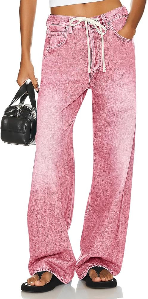 PLNOTME Womens Baggy Wide Leg Jeans Boyfriend Drawstring High Waisted Mom Denim Pants with Pocket... | Amazon (US)