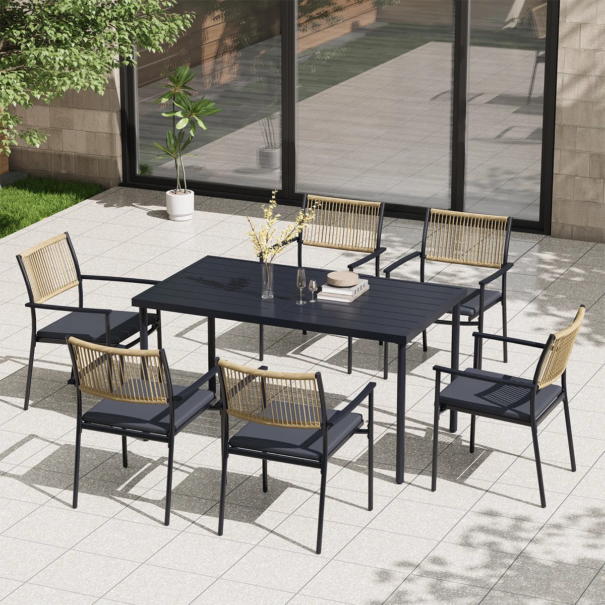 7-Piece Outdoor Patio Dining Set, HDPE Rope Back Dining Chairs with Thick Cushions & Iron Frame T... | Wayfair North America