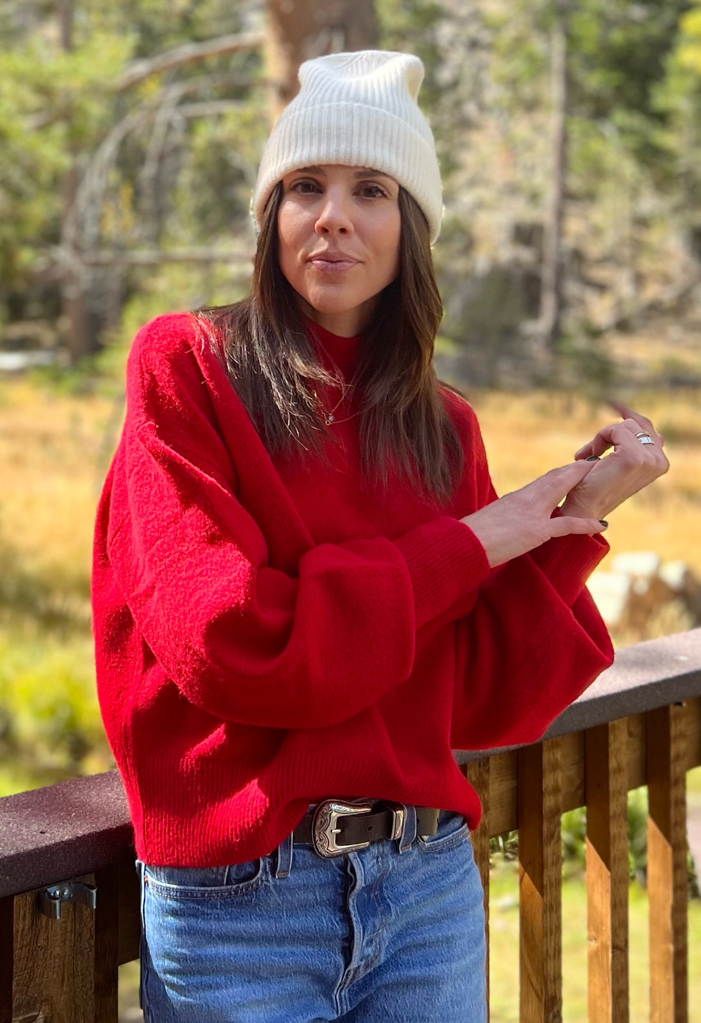 Fall fit : Red sweater • white beanie • black belt • Levis 

#LTKSeasonal #LTKHoliday #LTKfindsunder100