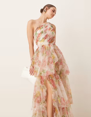Lace & Beads one shoulder tiered tulle maxi dress in bright floral | ASOS | ASOS (Global)