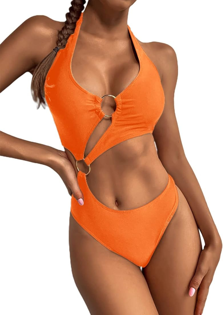 Hilinker Women's O-Ring Cutout Halter One Piece Swimsuit High Cut Bathing Suit | Amazon (US)