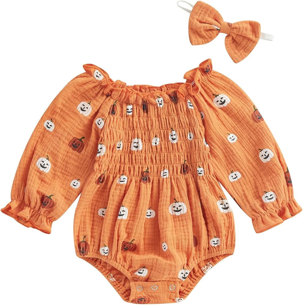 Baby Girl Halloween outfit Cute Pumpkin Romper Long Sleeve Bodysuit First Halloween Outfit Newbor... | Amazon (US)