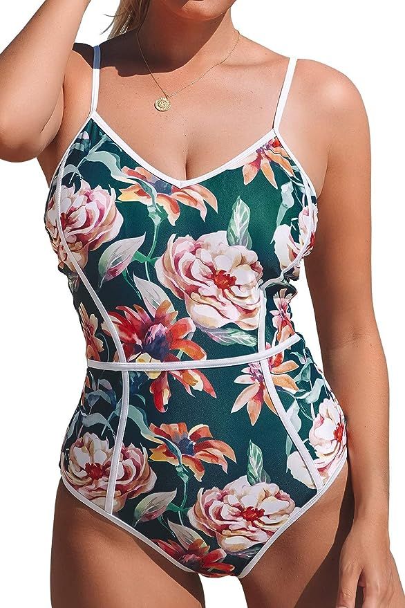 CUPSHE Women's Full Blossom V-Neck Piping Design One-Piece Swimsuit | Amazon (US)