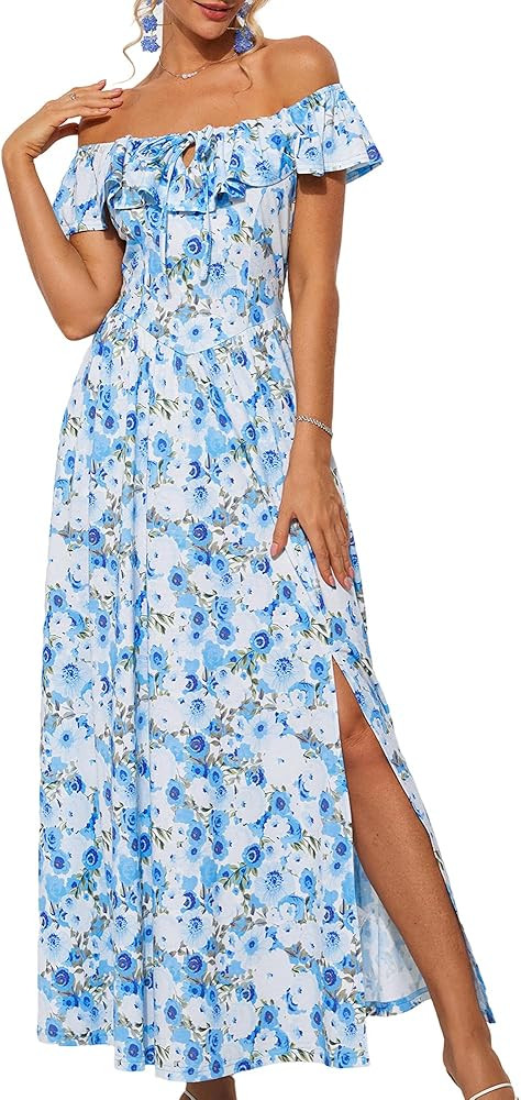 GRACE KARIN 2025 Womens Maxi Dresses Summer Off Shoulder Floral Dress Ruffle Split Beach Flowy Bo... | Amazon (US)